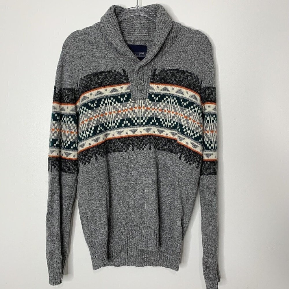 Grandpa Sweater Shawl Wool Blend M Tribal Knit Pullover
